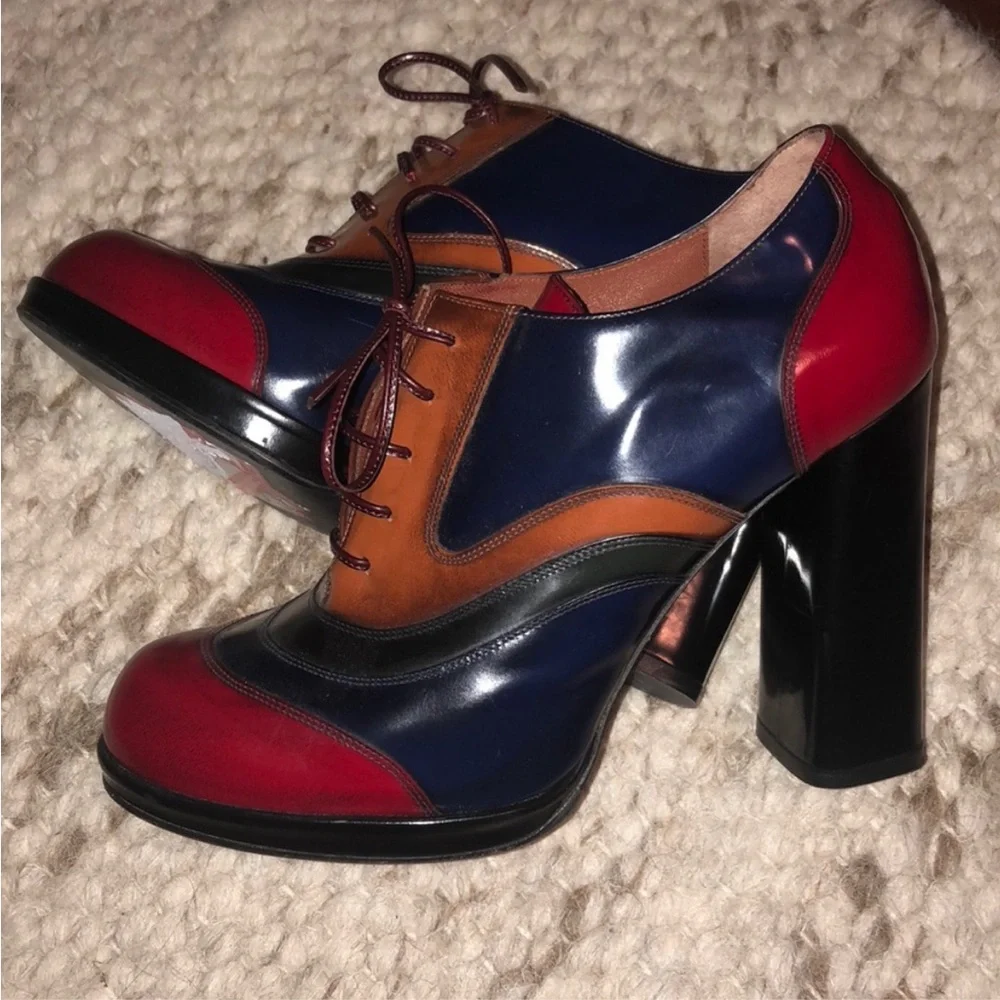OUTRAGEOUS VTG Sz 7.5 ERNESTO ESPOSITO Multicolor leather platform hi heel Shoes - Picture 2 of 9